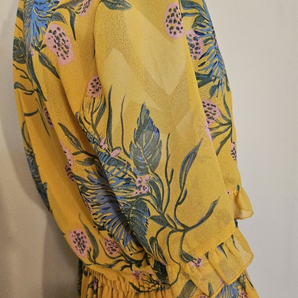 Madewell V-Neck Ruffle Flutter Sleeve Floral Boho Mini Dress Yellow Blue Size 6 - Picture 6 of 8